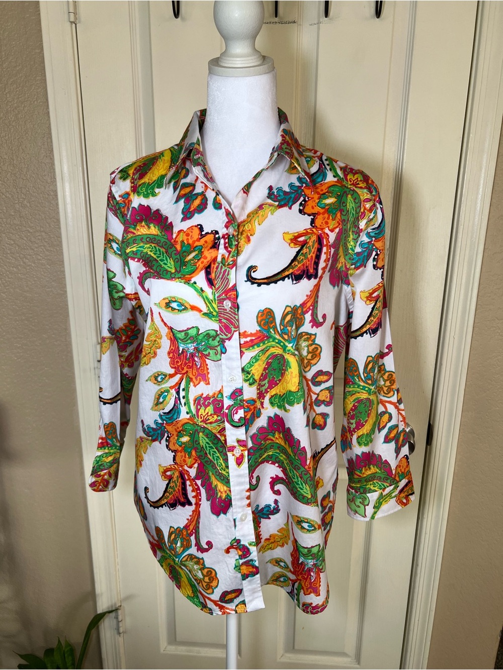 Lauren Ralph Lauren Paisley Button Front Shirt Women’s 3/4 Sleeve - Picture 6 of 8